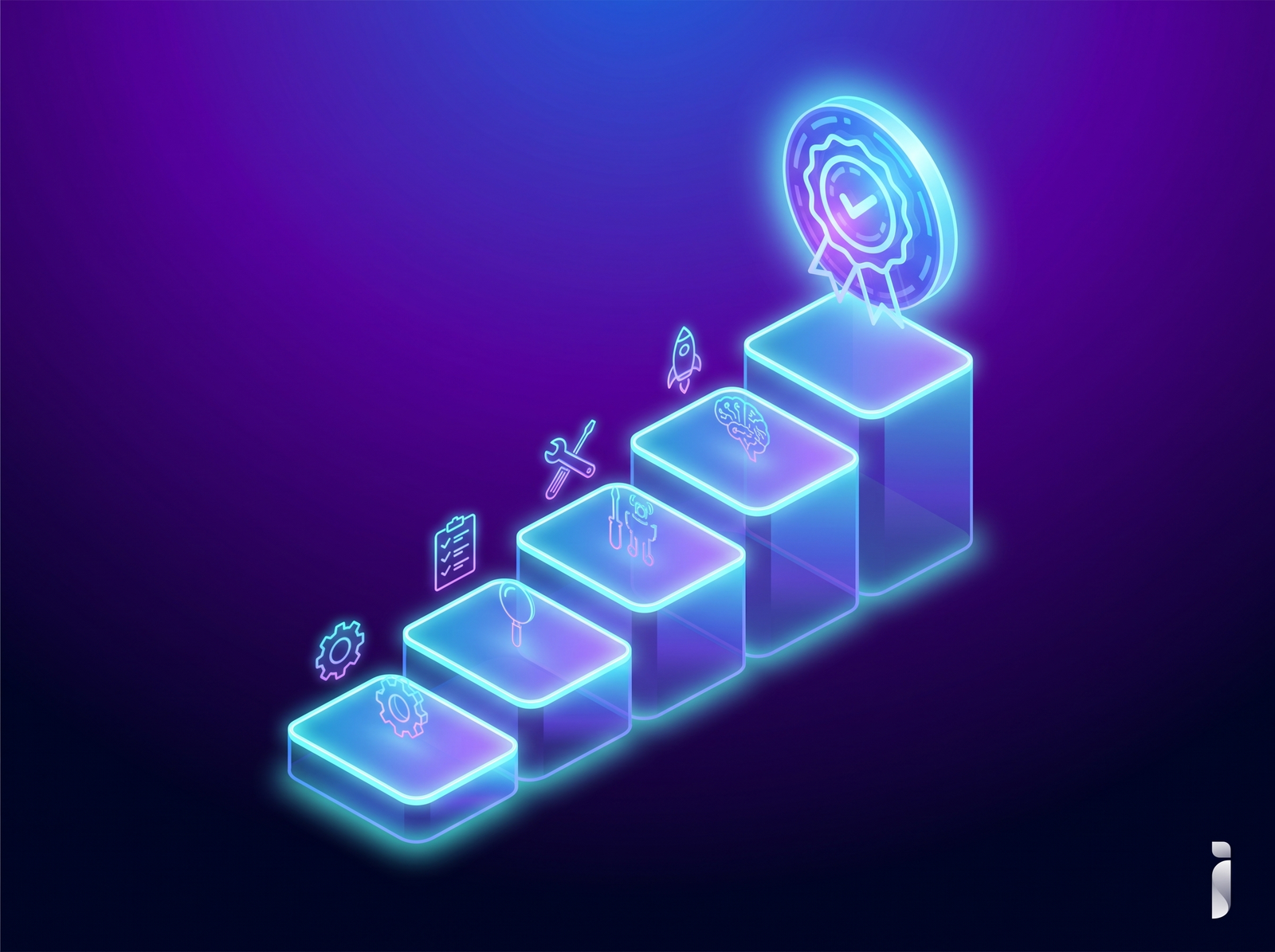 A five step staircase leading to an ISO 27001 certification badge