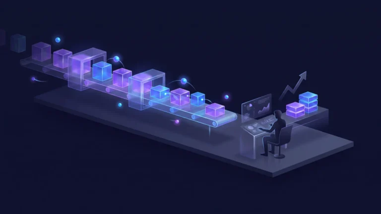 Illustration of autonomous glowing agents moving workflow blocks along a conveyor while a person reviews the output