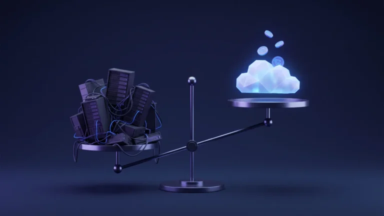 Illustration of a balance scale weighing legacy server racks against a rising cloud platform – the cloud migration business case