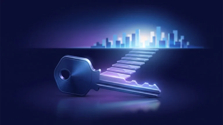Illustration of a key turning into an ascending staircase of light – digital sovereignty unlocking business growth