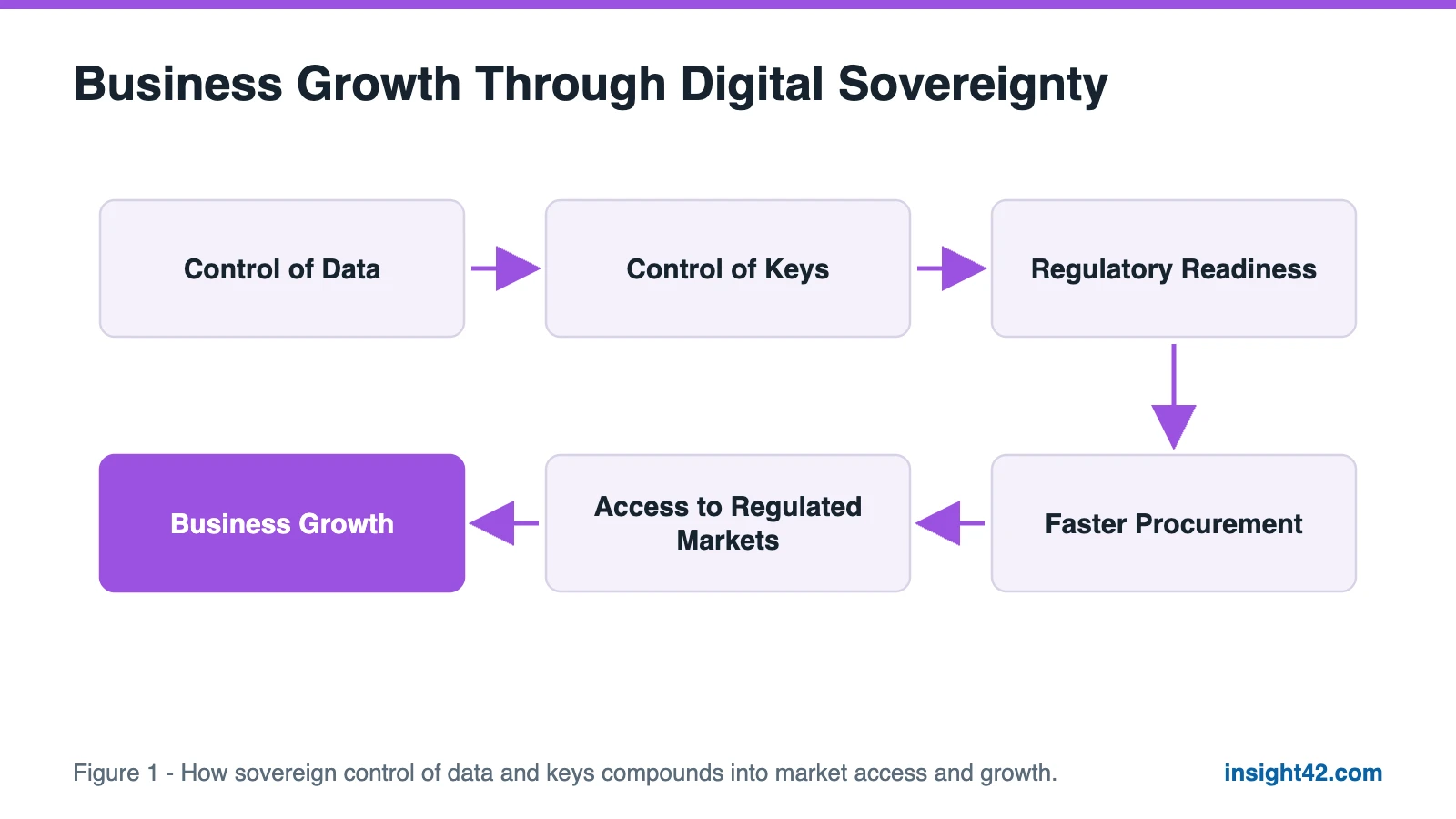 Diagram: control of data and keys leading through regulatory readiness and faster procurement to business growth