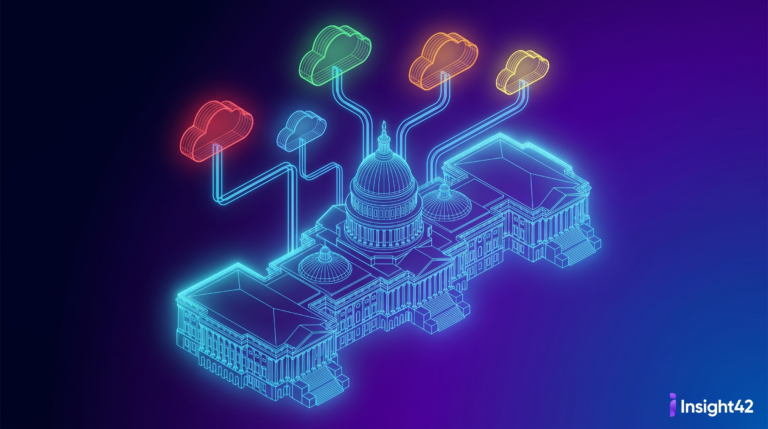 A government building connected to multiple cloud platforms, representing a federal multi-cloud strategy