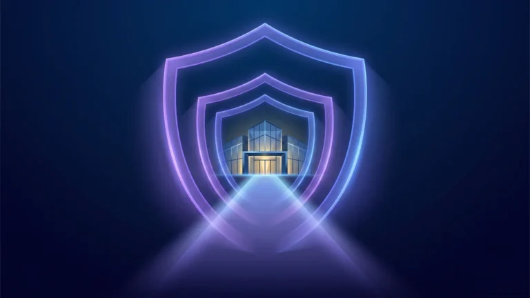 Illustration of concentric shield rings opening into a lit path toward an enterprise entrance – security compliance opening markets