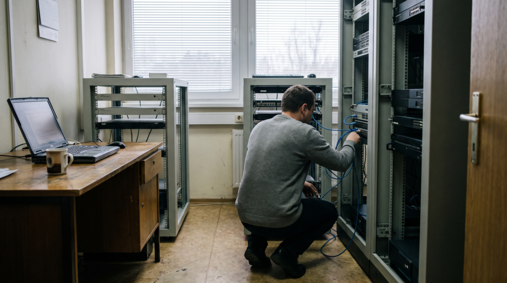 Engineer connecting a network cable in a small municipal server room, illustrating decentralised European infrastructure