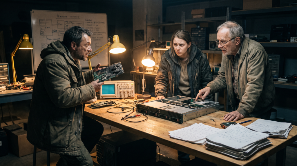 Engineers debating over a failed hardware prototype on a cluttered workshop bench at night, illustrating the freedom to try and fail