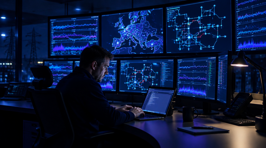 Operator in a European utility control room documenting an incident on a laptop while grid telemetry runs on the monitor wall