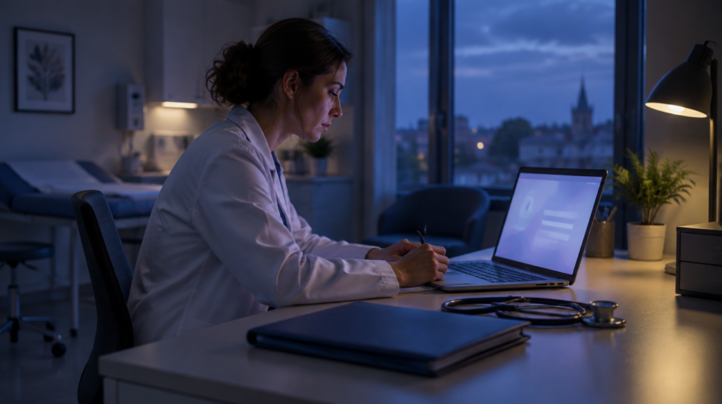 Physician making patient notes on a laptop late in the evening, with speech-to-text running locally on the device