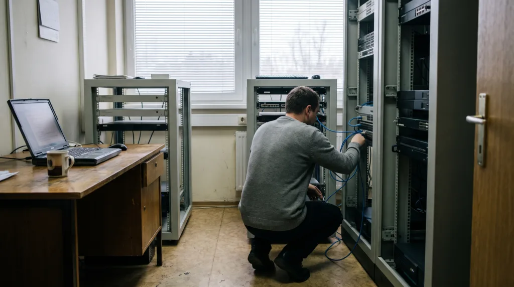 Engineer connecting a network cable in a small municipal server room, illustrating decentralised European infrastructure