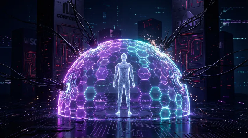 Eine einzelne holografische Gestalt in einem persönlichen, transparenten Energieschild