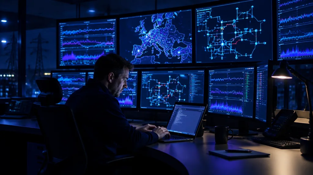 Operator in a European utility control room documenting an incident on a laptop while grid telemetry runs on the monitor wall